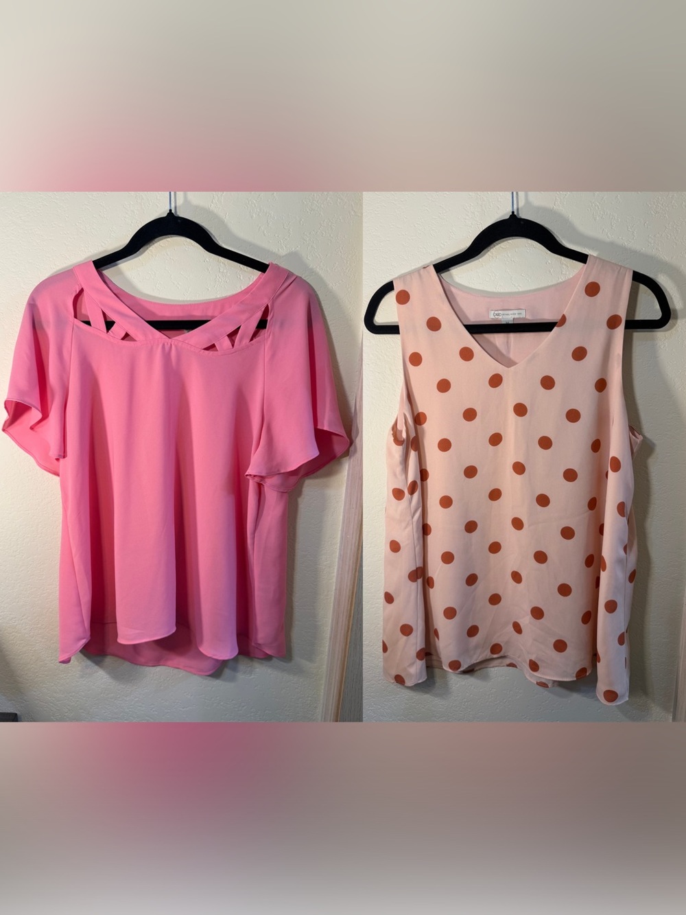 CATO set of 2 tops Pink Cut-Out Detail Flutter Top & Pink Polka Dot V-Neck Tank